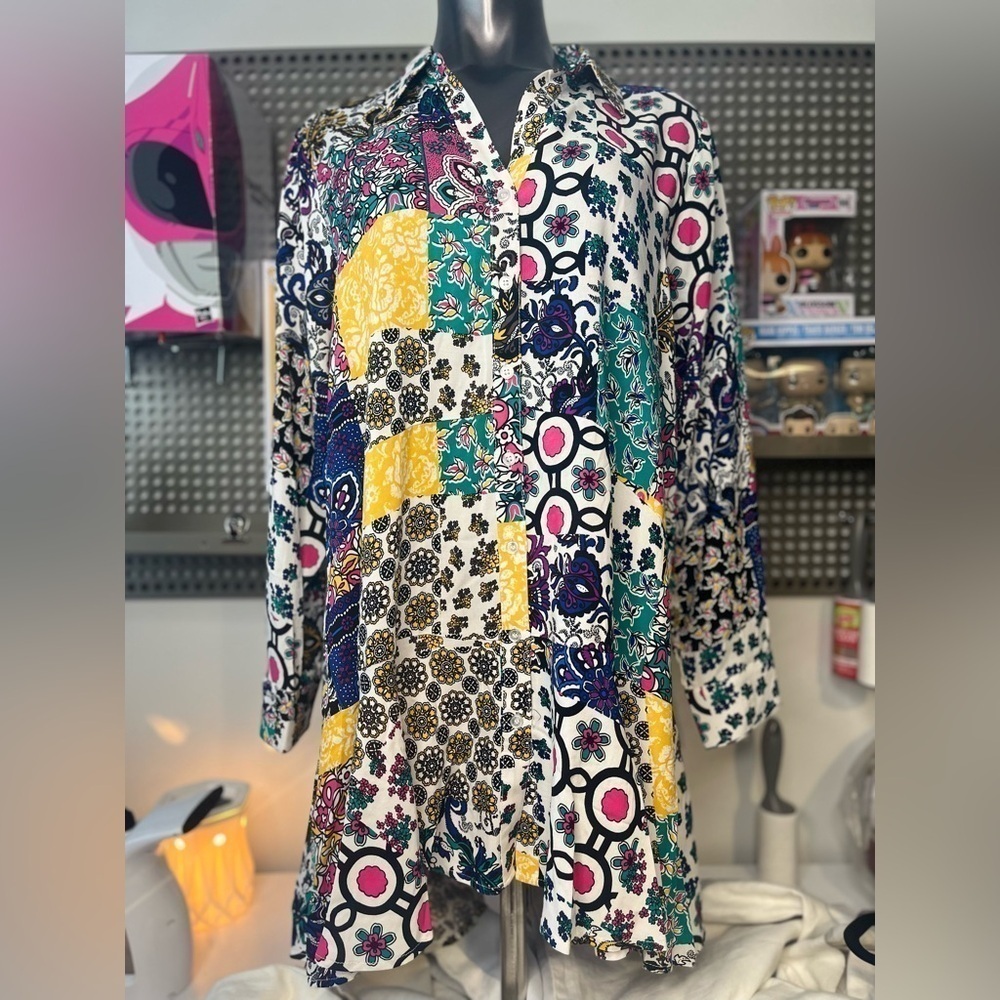 For the Republic Multi‎ Color Dress Size 1X Scarf Patchwork Button Up Collar